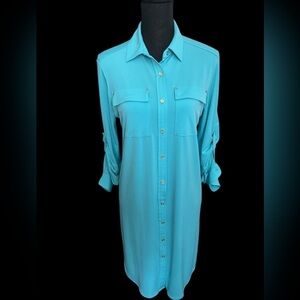 CALVIN KLEIN BLUE BUTTON DOWN CASUAL OFFICE SUMMER SHIFT MIDI DRESS SZ 8